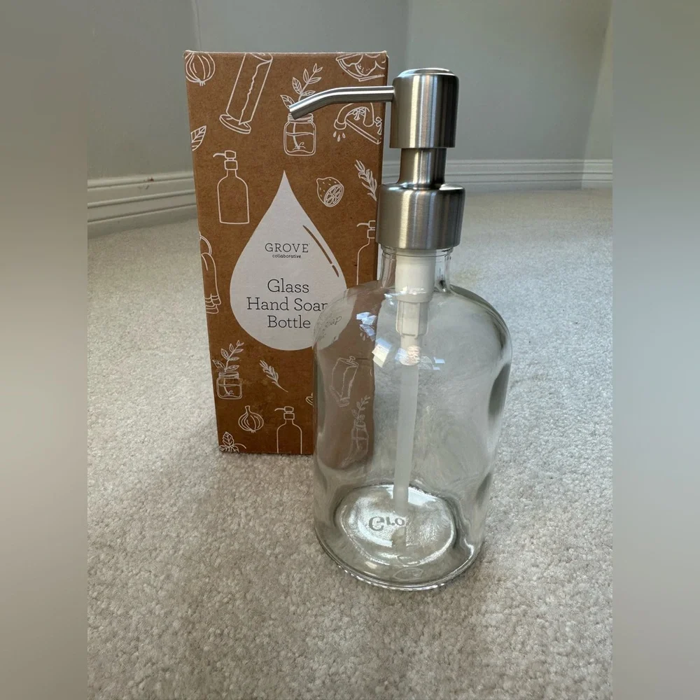 CLEAR GLASS SOAP DISPENSER WITH BRUSHED SILVER PUMP GROVE REUSABLE HAND DISH b